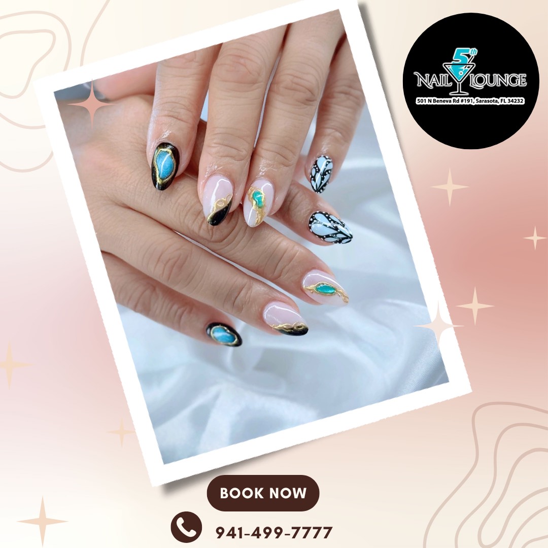 Soft pink nails with abstract black, gold and turquoise marble nail art